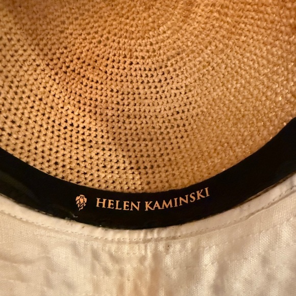Helen Kaminski Tan White Wide Brim Sun Beach Gardening Hat Raffia Linen